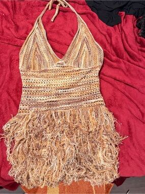 Boho Crochet Fringe Halter Mini Dress Stretchy Festival Resort Cover Up